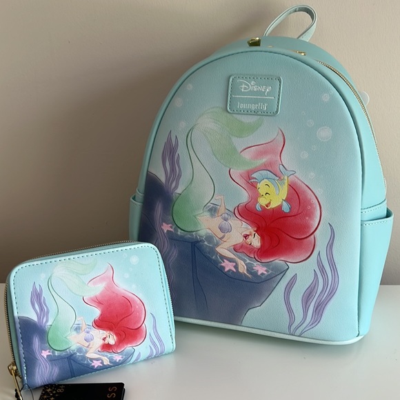NWT Loungefly Disney The Little Mermaid Giggles Mini Backpack and wallet set - Picture 3 of 10